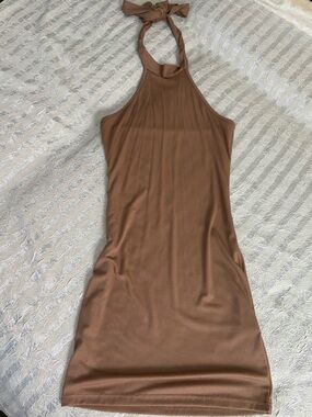 Ribbed Halter Mini Body-con Dress in Brown